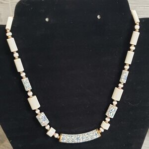 Vintage Chinese Blue Red Floral White Porcelain Cylinder Bead 16" Necklace Woman